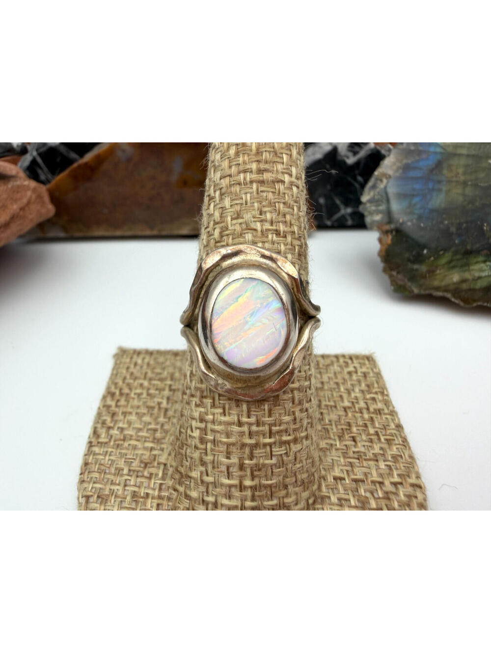Vintage Sterling Silver Round Ethiopian Opal Gemstone Ring Size 8